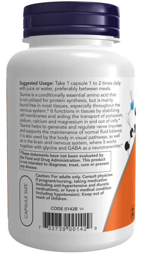 Now Foods Taurine, Double Strength 1000 mg Veg Capsules Nervous System Health*