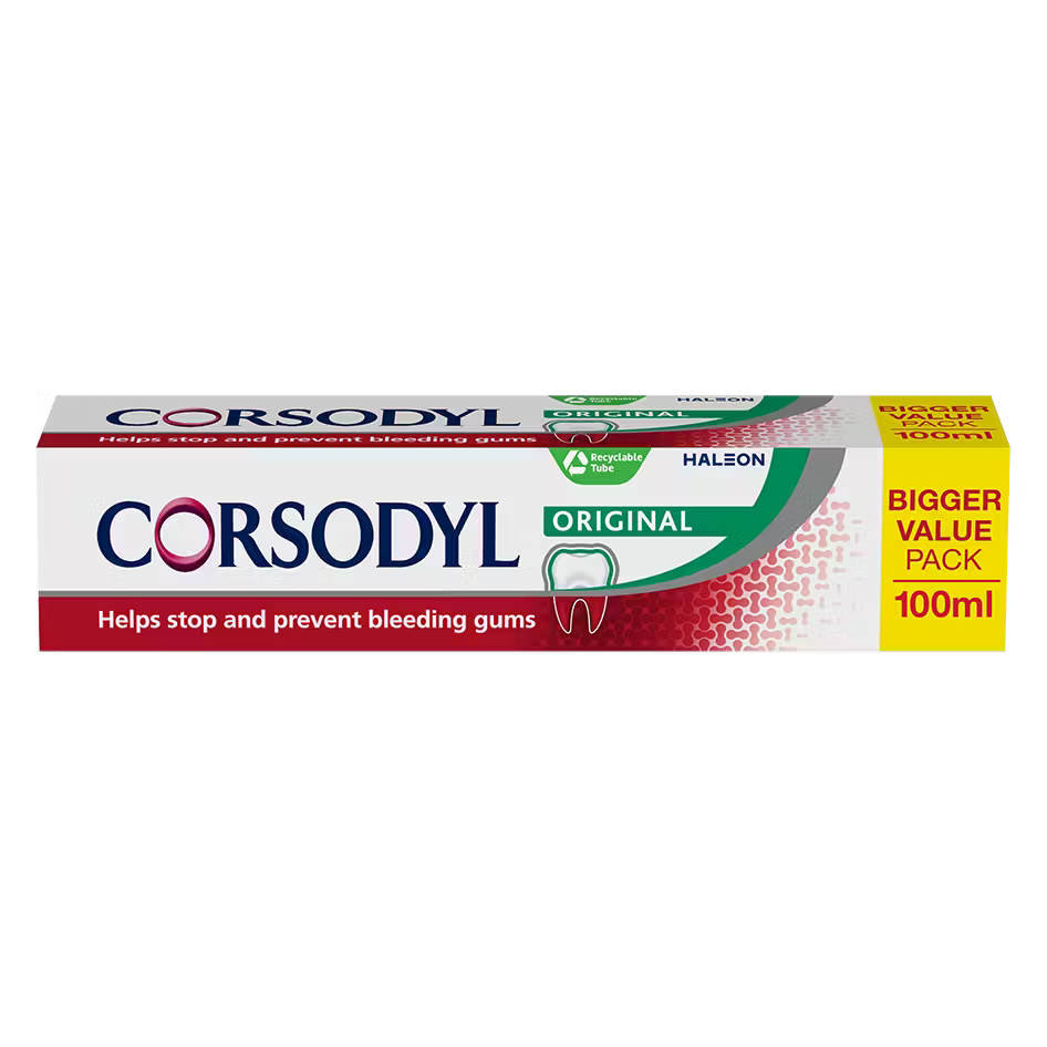Corsodyl Original Toothpaste 100ml original flavour box front on white background