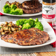 Lifestyle/use image: Kinder's The Steak Blend Seasoning used on steaks burgers and grilled foods 362g