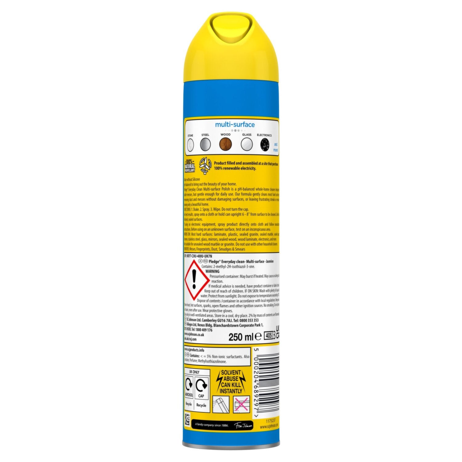 Pledge Everyday Clean Multi-Surface Cleaner Spray Jasmine aerosol can 250ml barcode packaging