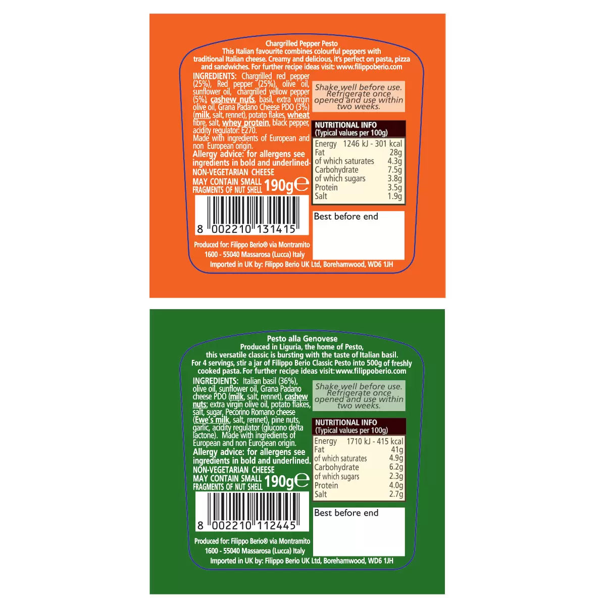 Back label artwork showing ingredient lists, nutrition facts, allergen information, barcode, and storage instructions for 2 x 190g Filippo Berio pesto jars including Chargrilled Pepper Pesto and Classic Pesto.