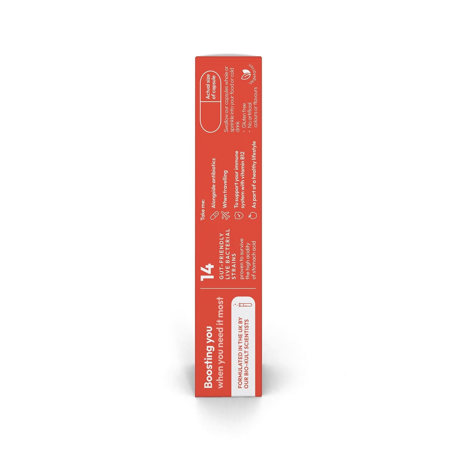 Bio-Kult Boosted supplement facts and ingredients label on white background side view.