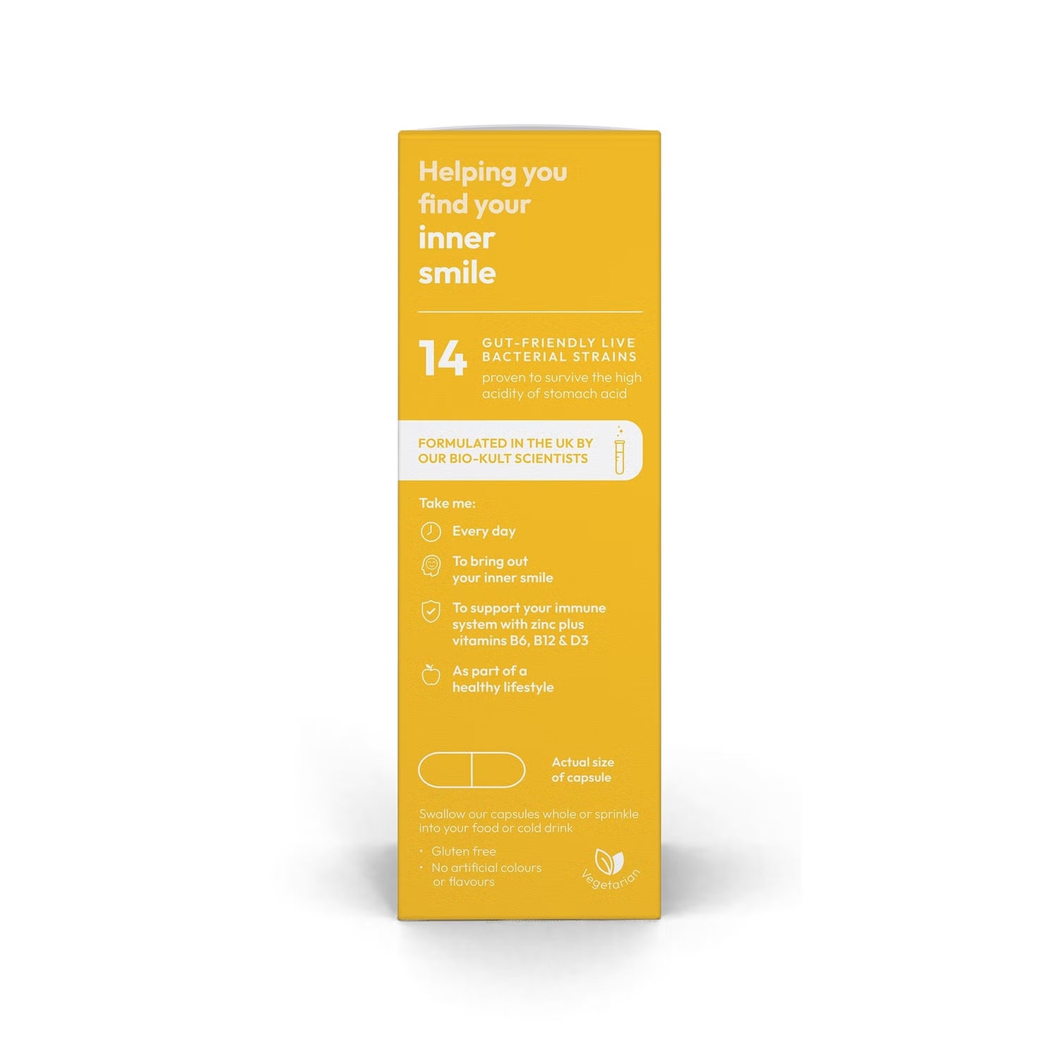 How to Use: Bio-Kult Brighten capsule directions and storage instructions 60 capsules on a white background side view