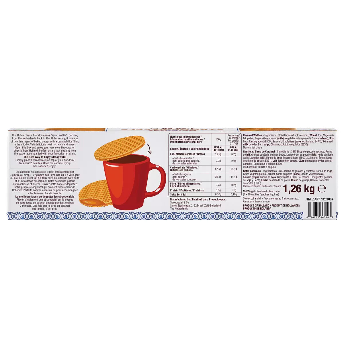 Le Chic Pâtissier Original Stroopwafels, box packaging, caramel flavour, 1.26kg, 40 waffles, ingredients and allergen information & barcode