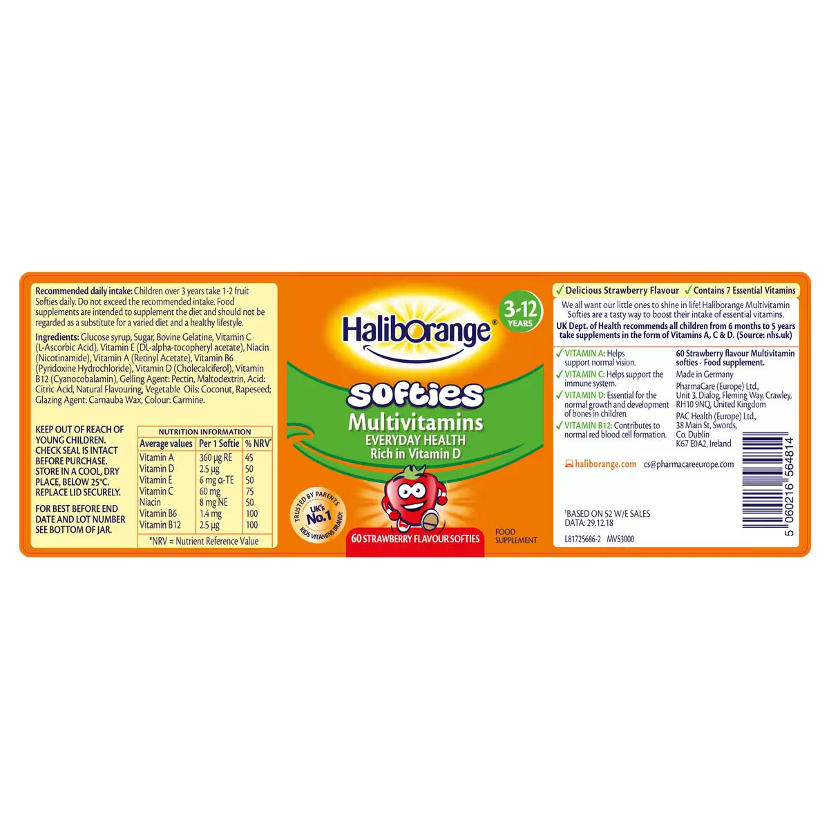 Barcode and product details for Haliborange Multivitamin Softies.