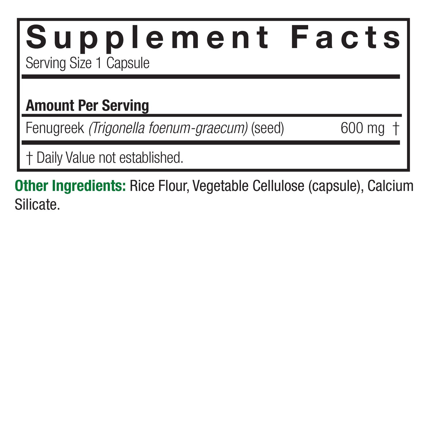 Nature’s Answer Fenugreek Seed supplement facts 90 vegetarian capsules back label