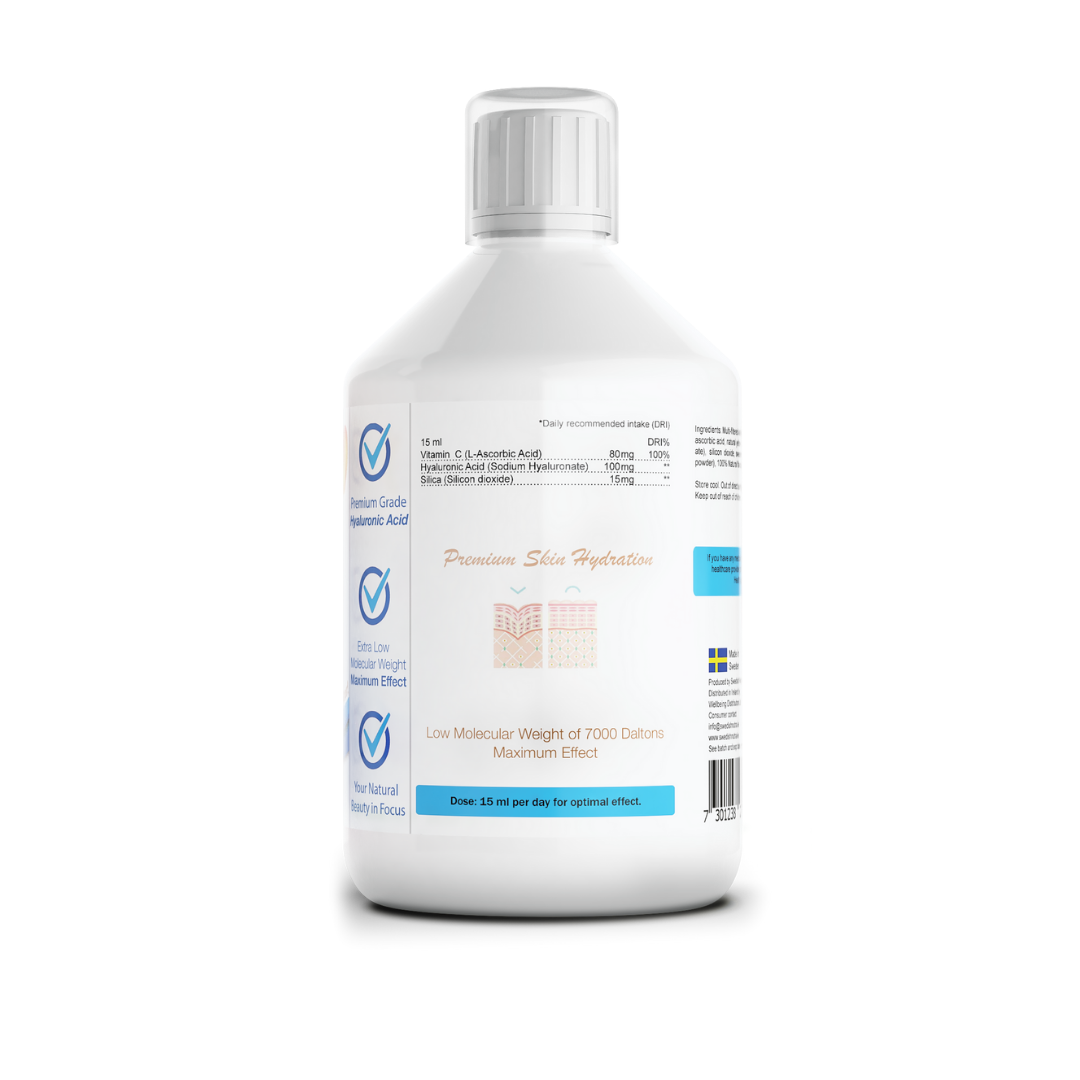 Supplement facts & ingredients image: Swedish Nutra hyaluronic acid supplement facts ingredients 500ml bottle
