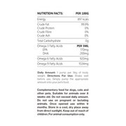 Pets Purest salmon oil ingredients and product information panel on packaging