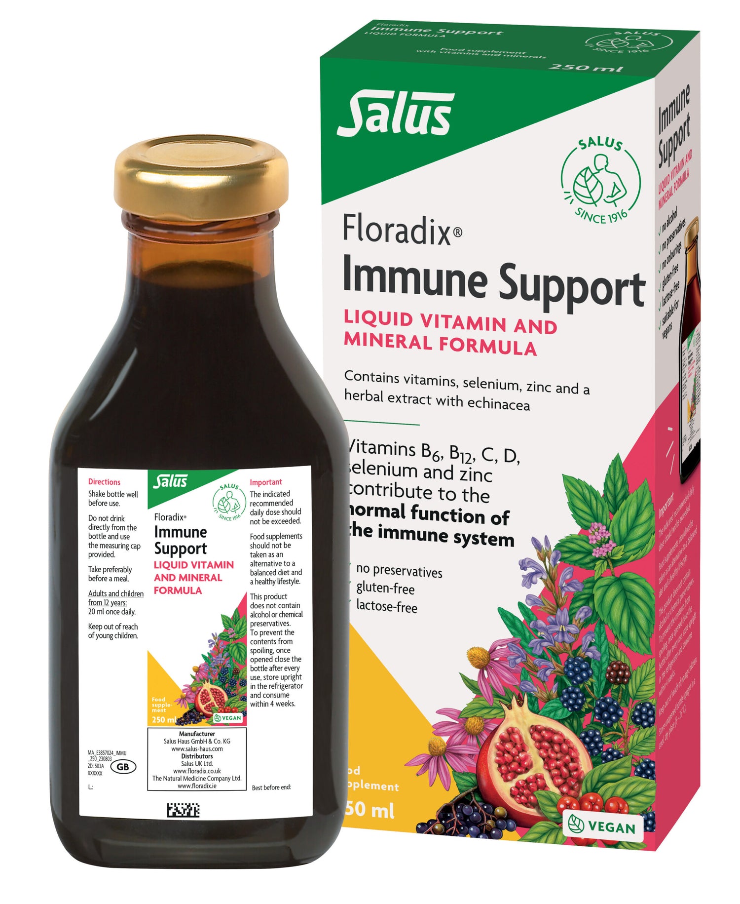 Floradix Liquid Immune Support bottle & box, vitamin and mineral formula, 250ml.
