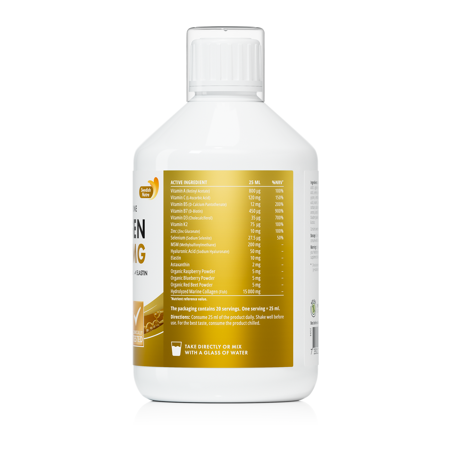 White bottle with a gold label on a white background