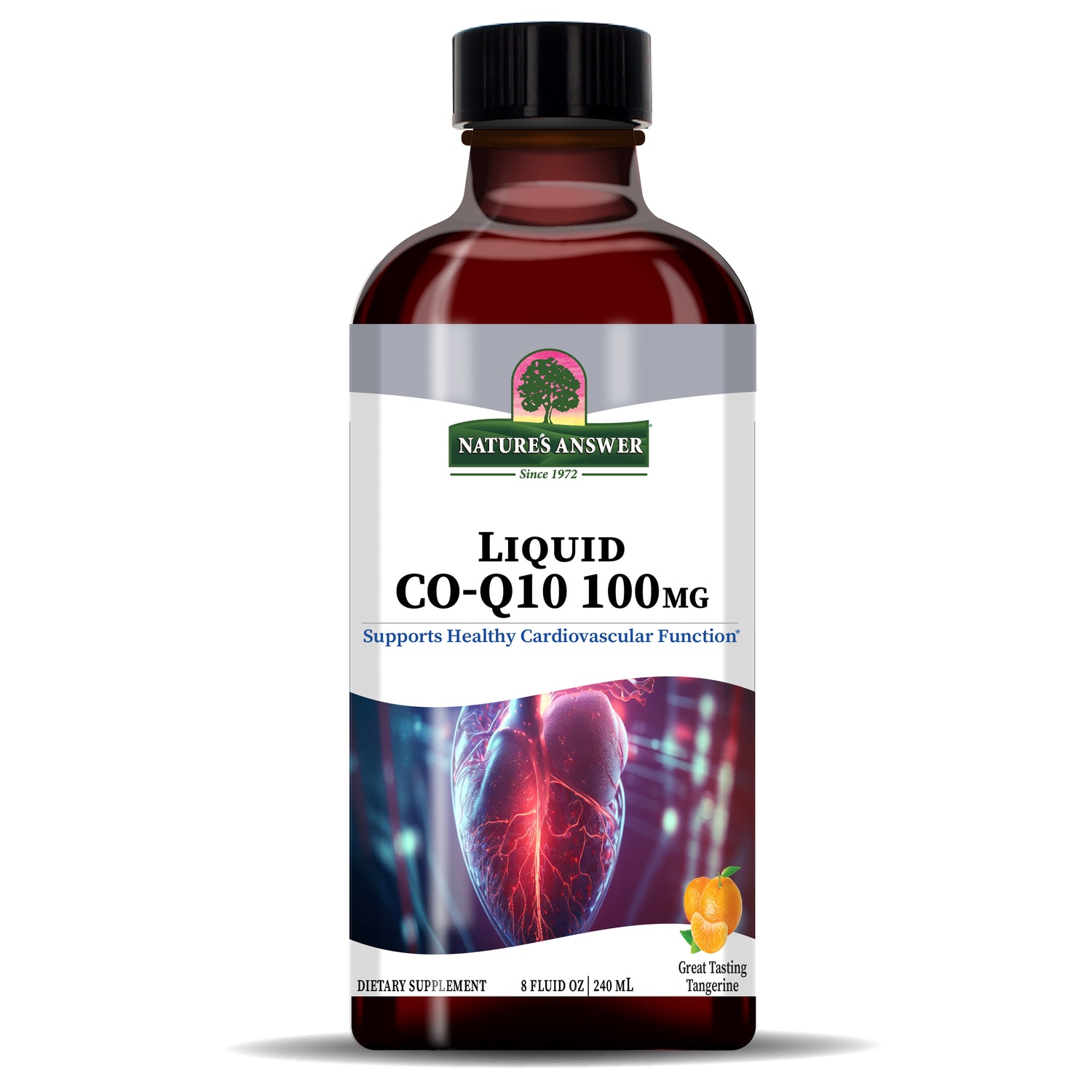 Nature’s Answer liquid CoQ10 tangerine flavour vegan supplement 240ml bottle front view on a white background.