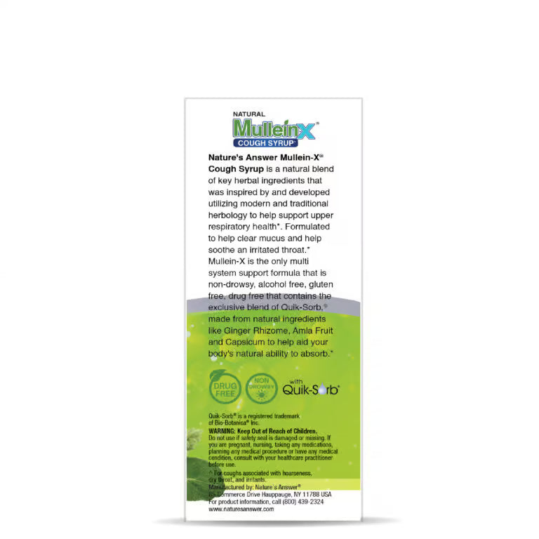 Nature’s Answer Mullein-X Herbal Liquid  box Supplement 120ml ingredient label