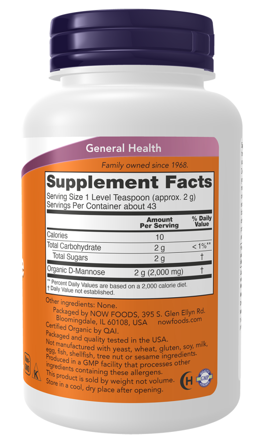 NOW D-Mannose Pure Powder, supplement bottle packaging, unflavoured, 170g, ingredients and supplement facts