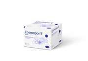  Sealed box of Cosmopor E Sterile Adhesive Wound Dressings, 7.2 x 5 cm, pack of 50 on white background.