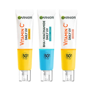 Front image: Garnier Daily UV Fluid SPF50 plus multi variant sunscreen bottles 3 pack