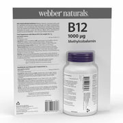 Supplement facts panel and usage instructions and barcode for Webber Naturals B12 Methylcobalamin bottle. Product packaging