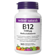 Webber Naturals Vitamin B12 Methylcobalamin 1000 mcg bottle, 365 sublingual tablets, on white background.