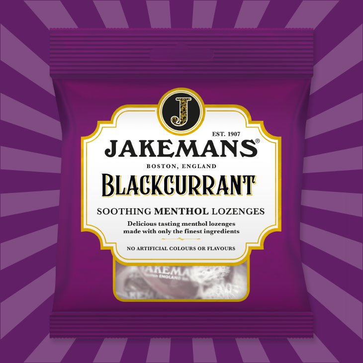 Jakemans Blackcurrant Soothing Menthol Lozenges, resealable bag packaging, blackcurrant flavour, 73g, menthol lozenge use
