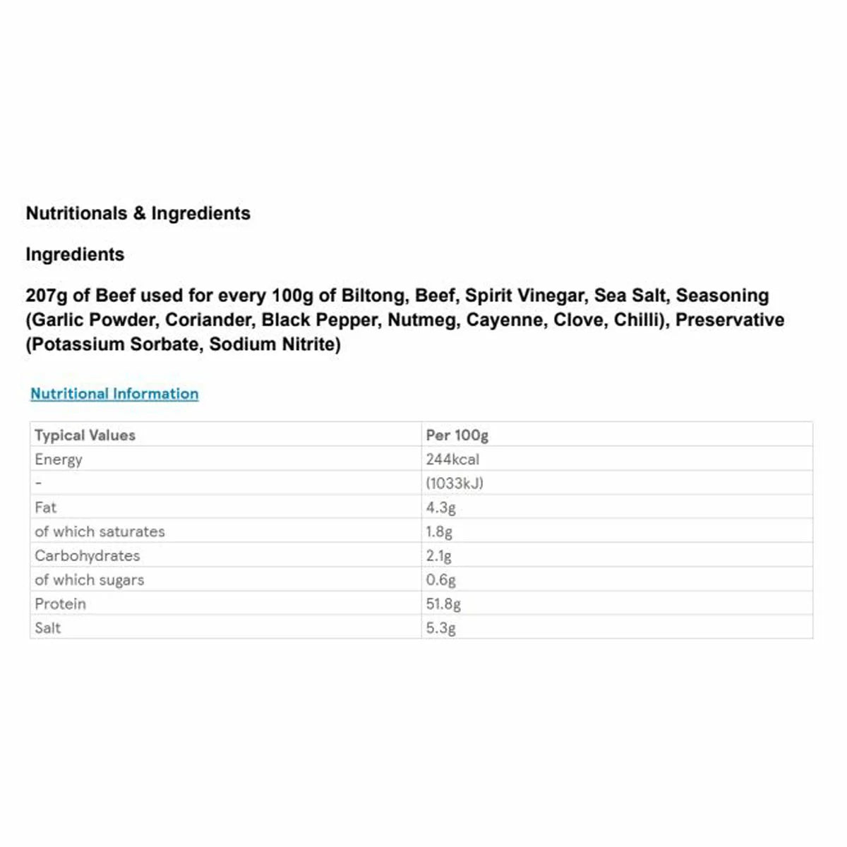 Ember Original Sliced Beef Biltong ingredients label 250g