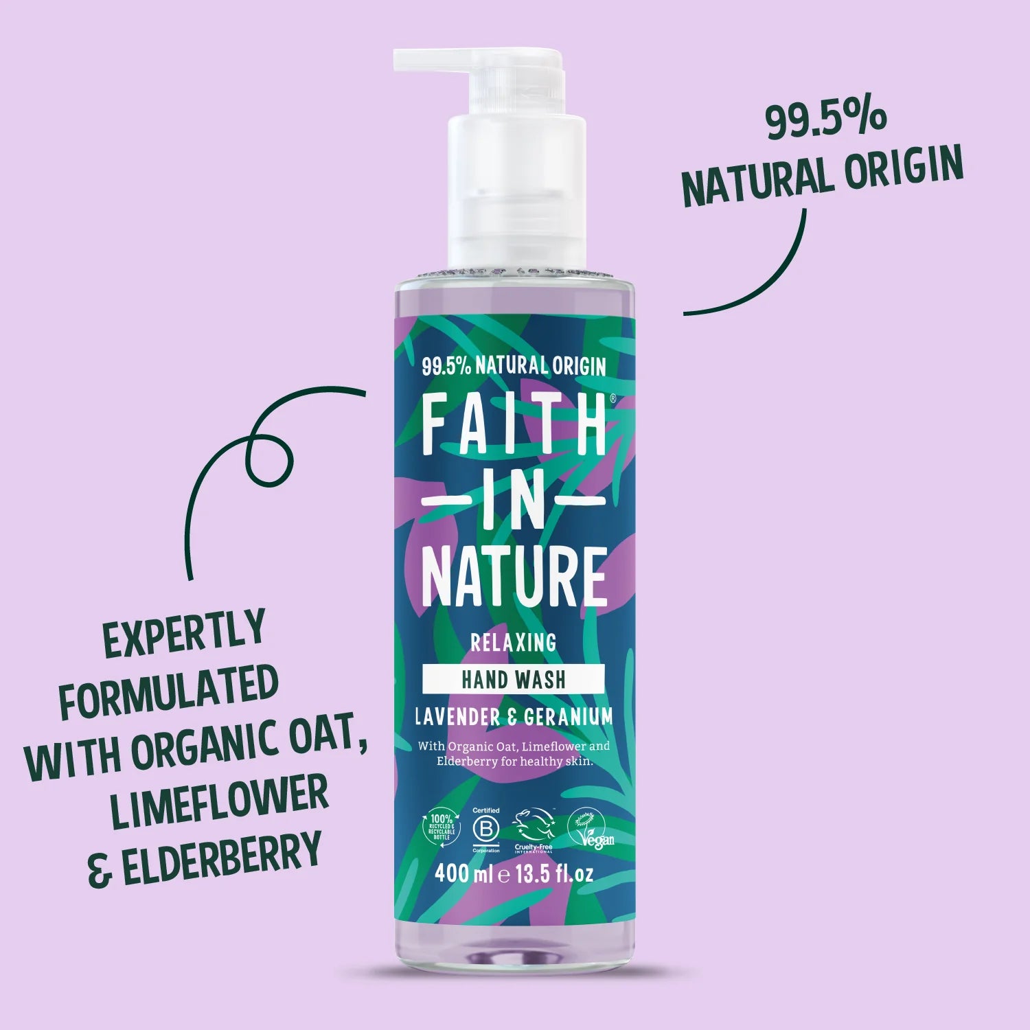 Faith In Nature Lavender & Geranium Relaxing Hand Wash, pump bottle packaging, lavender and geranium, 400ml product information