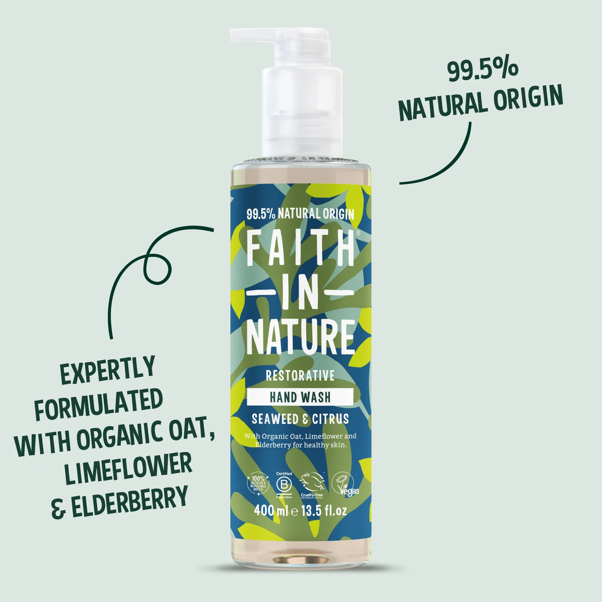 Faith In Nature Seaweed & Citrus Restorative Hand Wash, pump bottle packaging, citrus, 400ml product information