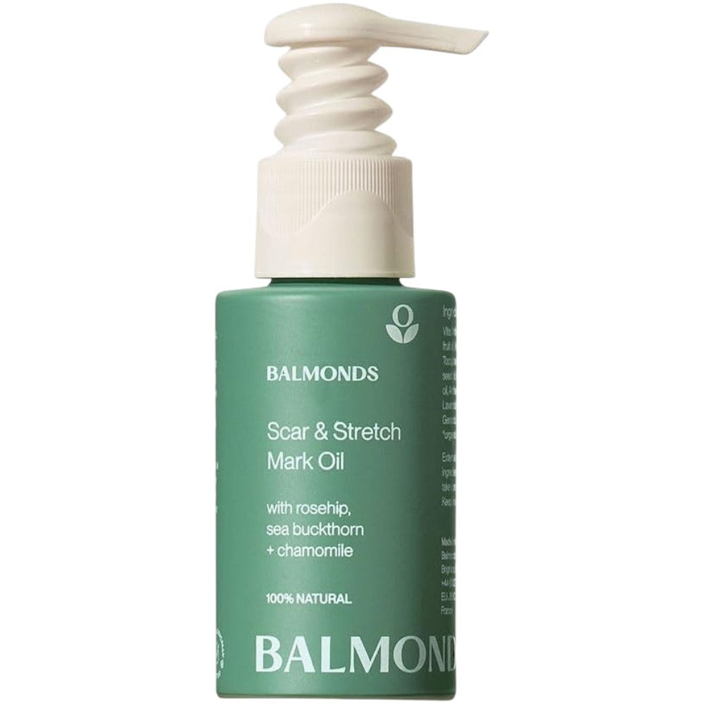 Front image: Balmonds Scar and Stretch Mark Oil 50ml bottle natural skincare oil packaging