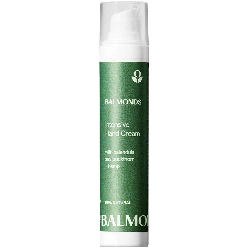 Front image: Balmonds Intensive Hand Cream 50ml tube natural hand moisturiser packaging