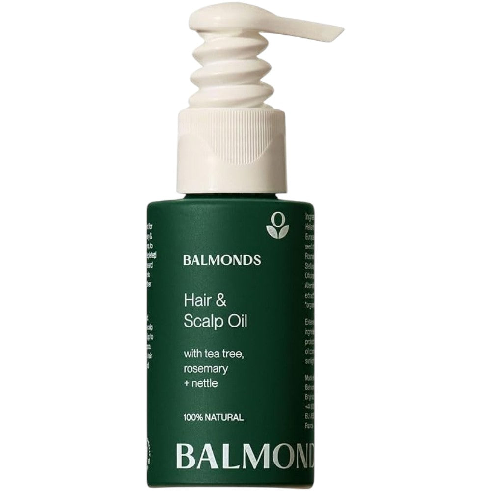 Front image: Balmonds Hair and Scalp Oil 50ml bottle natural conditioning oil packaging