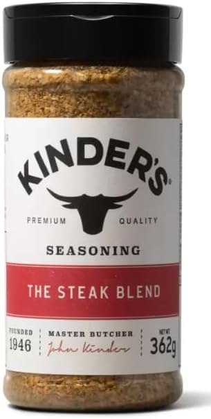 Front image: Kinder's The Steak Blend Seasoning shaker jar 362g steak seasoning blend