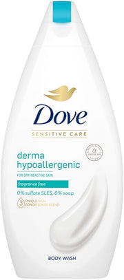 Dove Derma Hypoallergenic Body Wash bottle, fragrance free, 450ml.