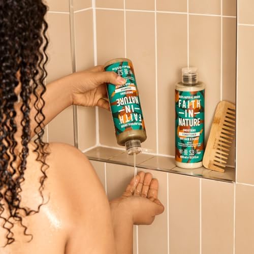 Faith In Nature Jojoba Smoothing Shampoo 400ml bottle lifestyle use image