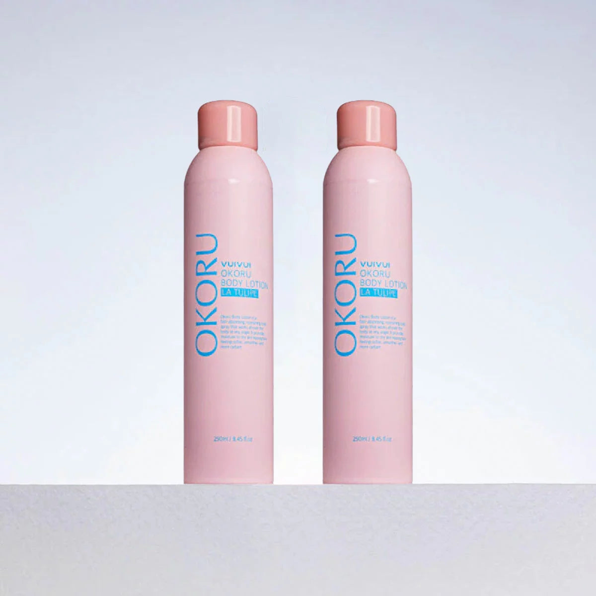 Front Image: Okoru body lotion spray La Tulipe in 2 250ml bottles front packaging