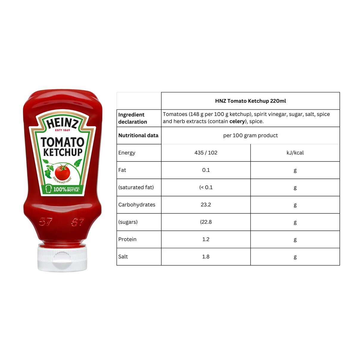 Heinz Tomato Ketchup 220ml squeeze bottle shown alongside ingredient declaration, nutrition facts table, and allergen information for 1 x 220ml tomato ketchup condiment bottle.
