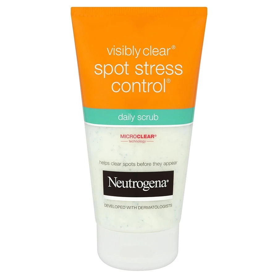 Neutrogena Visibly Clear Daily Scrub 150ml tube, blue and white packaging, isolated on white.