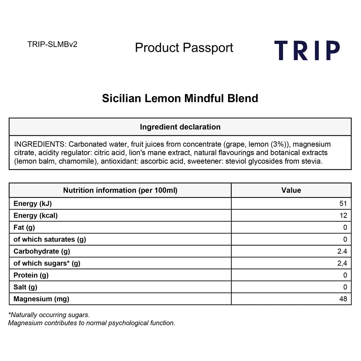 TRIP Mindful Blends Summer Mixed Pack 12 x 250ml cans Sicilian Lemon ingredients and nutrition information