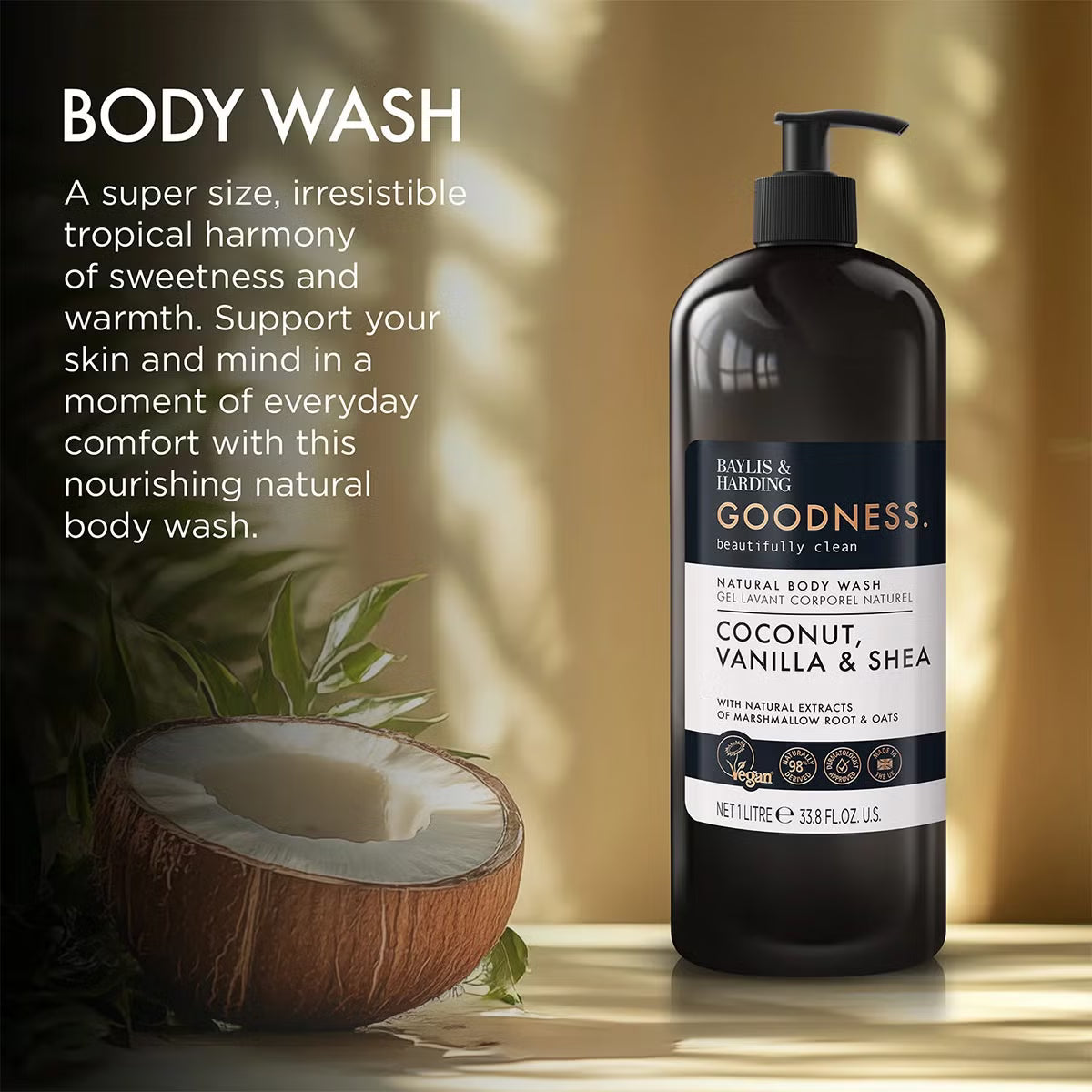 Baylis & Harding Goodness Coconut Vanilla Shea body wash 1L bottles 2 pack how to use