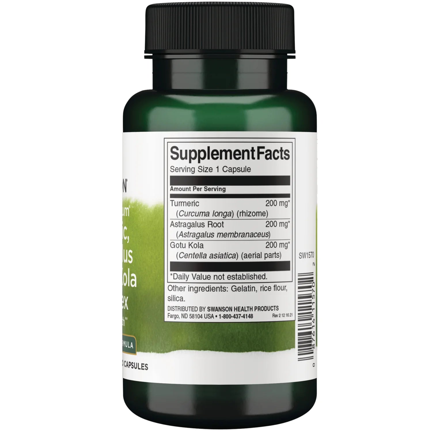 Swanson Turmeric Astragalus Gotu Kola complex herbal supplement capsule bottle 60 capsules supplement facts ingredients & barcode panel