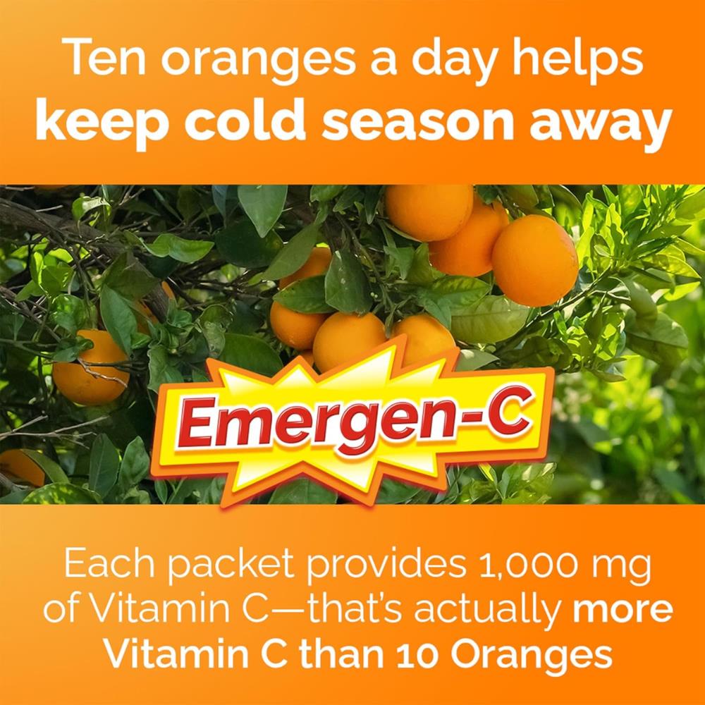 Emergen-C Super Orange Vitamin C Drink Mix 24 x 9.9g sachets packaging showing information