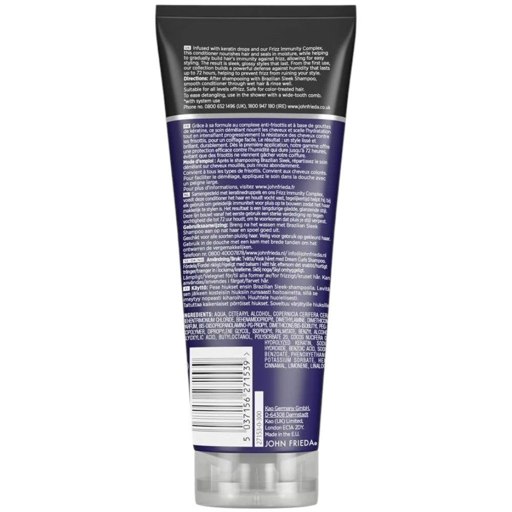 John Frieda Frizz Ease Brazilian Sleek conditioner hydrolyzed keratin 250ml tube ingredients & barcode