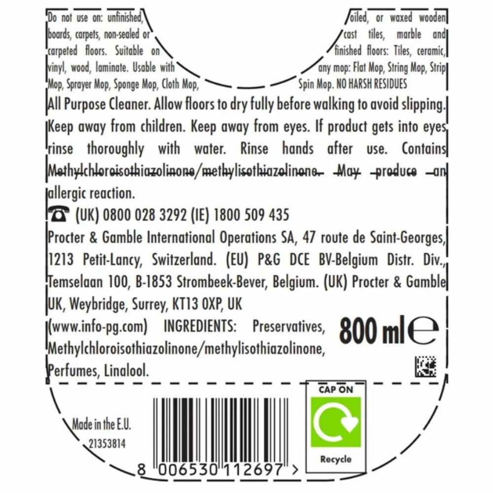 Flash Direct to Floor Berry & Cherry Blossom Floor Cleaner 800ml packaging showing ingredients and safety information & barcode
