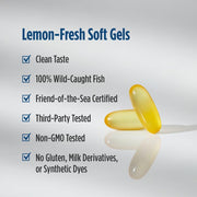 Two yellow lemon-fresh soft gel capsules on a light gray reflective surface, next to a list of product features and benefits including 'Clean Taste', '100% Wild-Caught Fish', and 'Friend-of-the-Sea Certified'.