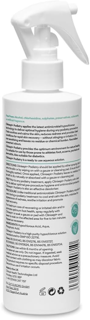 Label of Clinisept+ 250ml Foot Hygiene Spray showing ingredients and barcode.