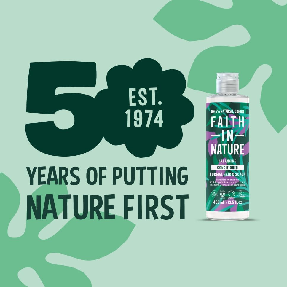 Faith In Nature Lavender & Geranium Balancing Conditioner, bottle packaging, lavender and geranium, 400ml product information