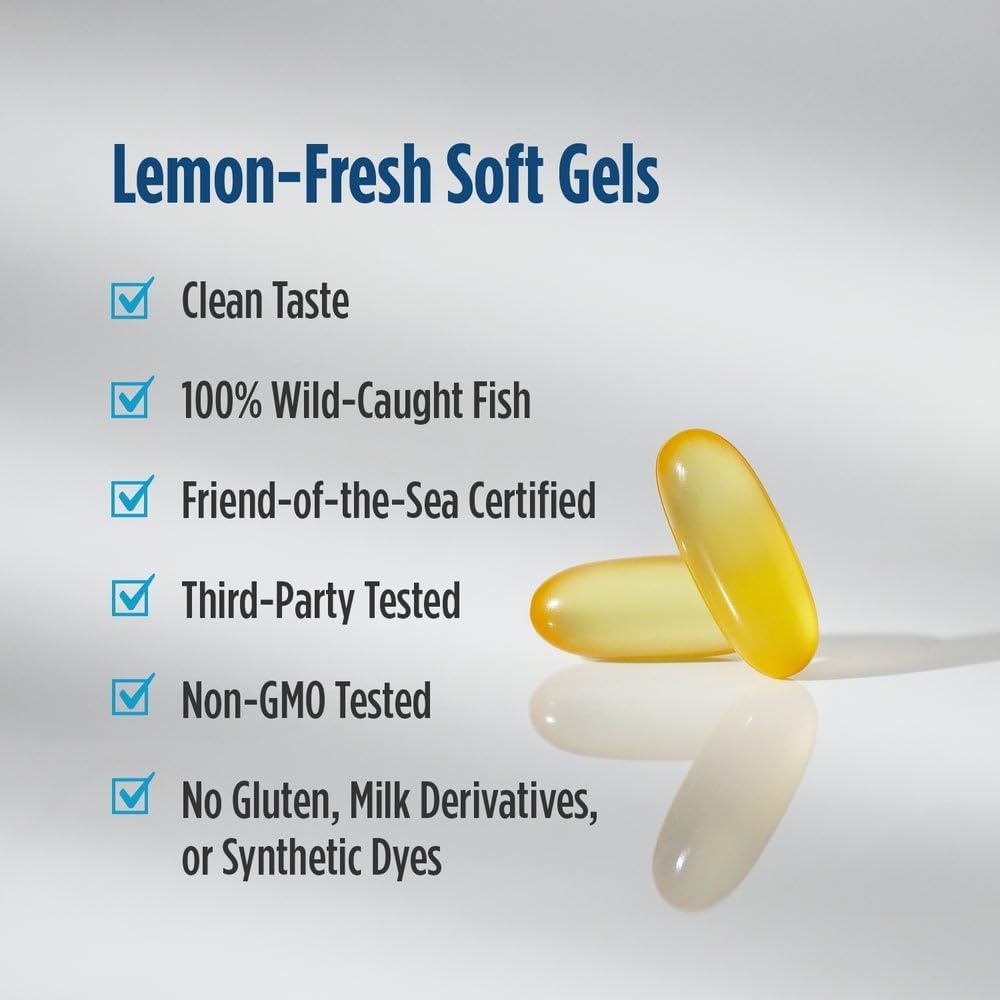 Two yellow soft gel capsules on a light gray background with text listing product benefits such as clean taste, wild-caught fish, friend-of-the-sea certification, third-party testing, and non-GMO status.