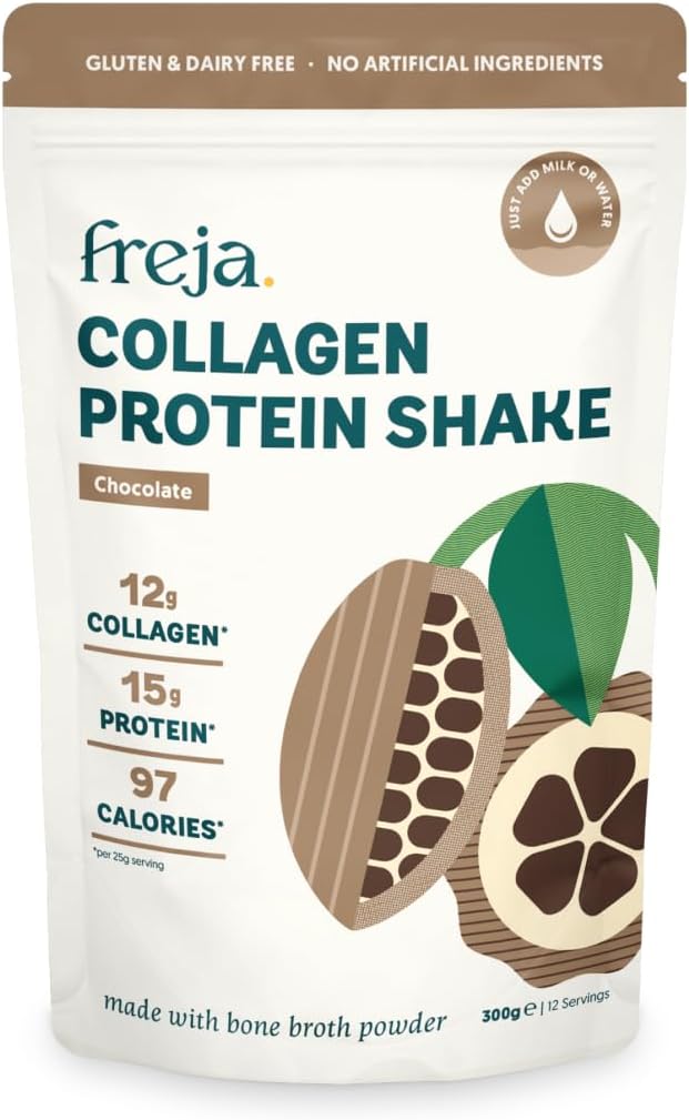 Front image: Freja collagen protein shake chocolate bone broth powder pouch 300g single pack