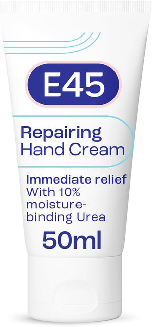 E45 Repairing Hand Cream fragrance free skincare tube with urea for dry sensitive hands 50ml