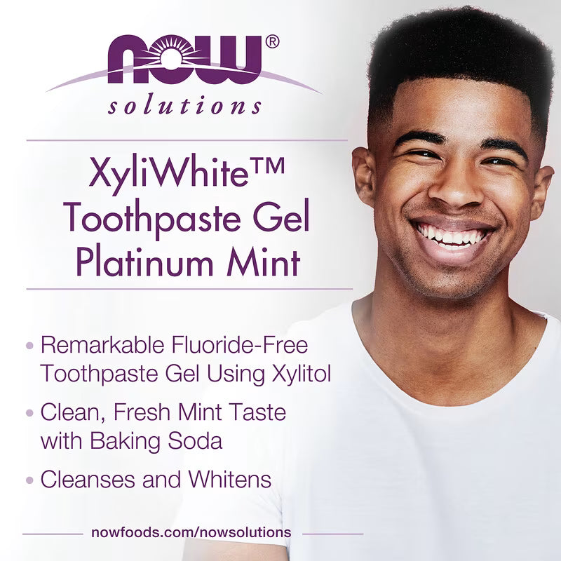 NOW Solutions XyliWhite Platinum Mint Toothpaste Gel 181g packaging showing product features