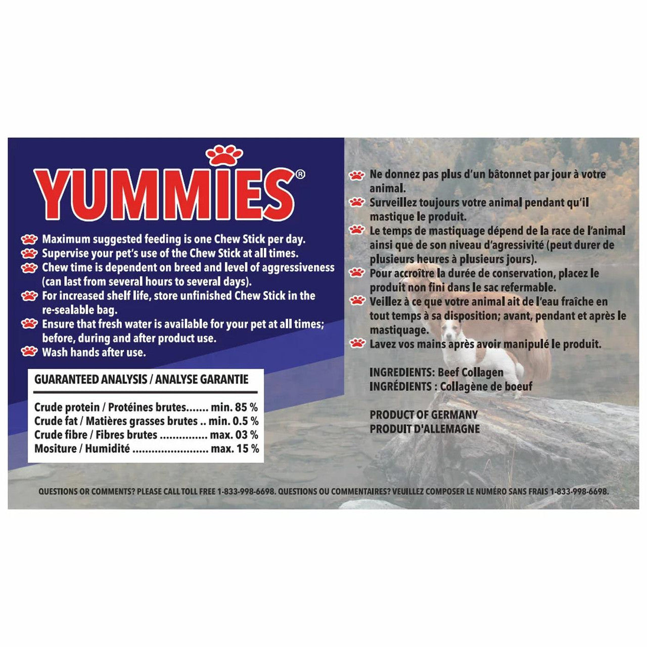 Yummies beef collagen dog chew sticks ingredient information label 18 pieces 600g bag