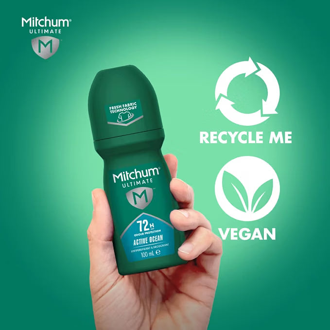 Mitchum Men's Ultimate Active Ocean Antiperspirant Roll On underarm deodorant bottle 100ml personal care use
