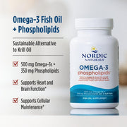 Nordic Naturals Omega-3 Fish Oil + Phospholipids fish oil supplement bottle shown next to text highlighting key benefits on a clean white background.
